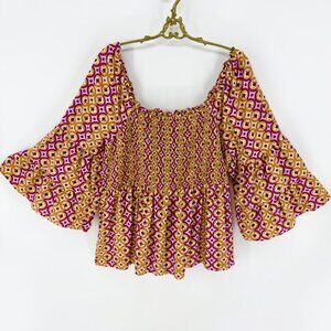 TERRA & SKY Plus Square Neck Cotton Blend Smocked Top Sz 1X